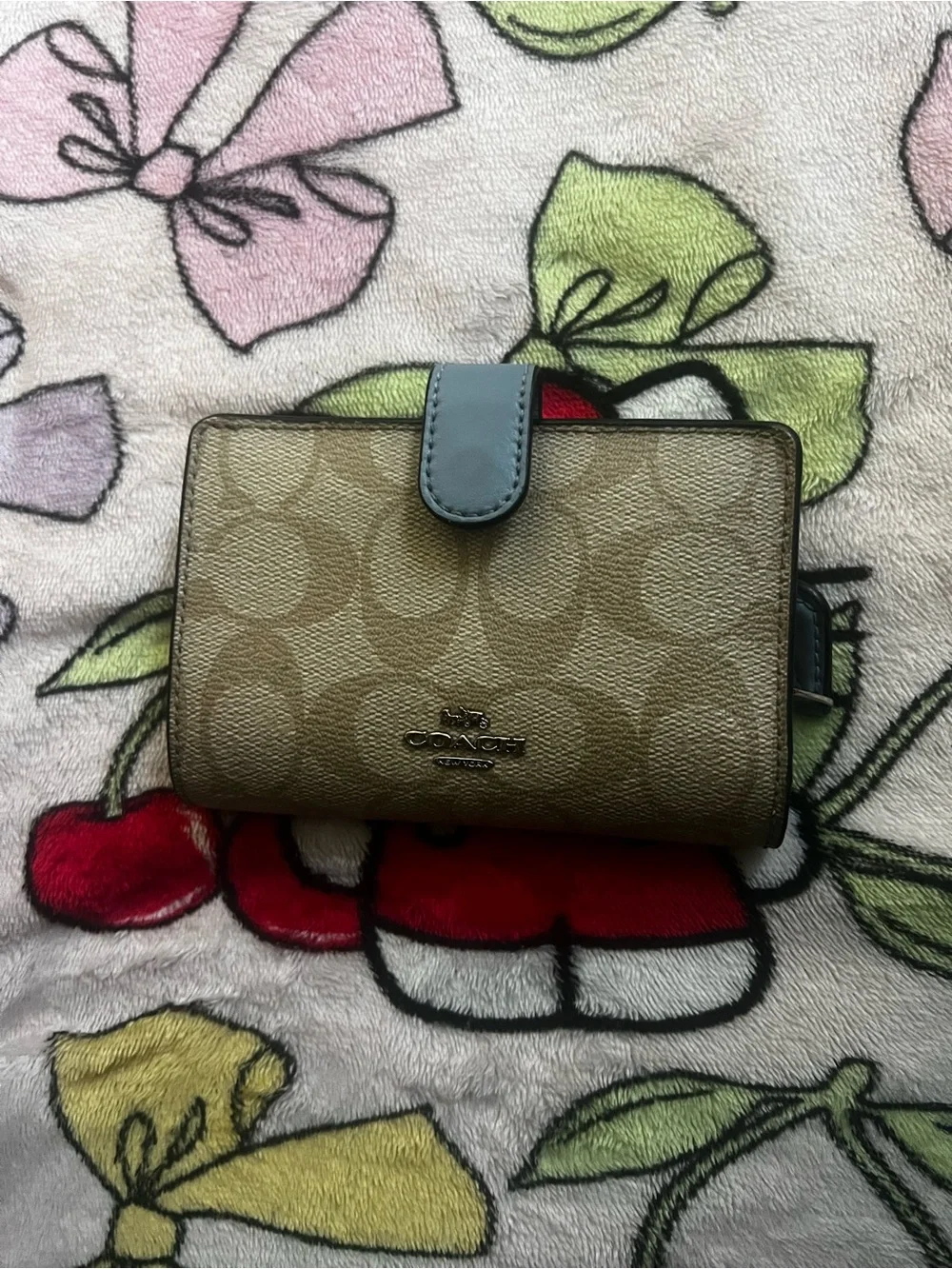 Coach Khaki Signature Canvas Compact Wallet with Blue Tab